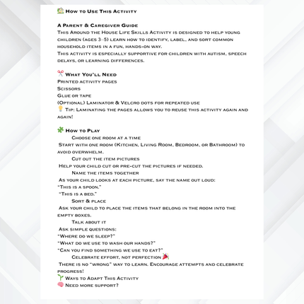 Autism Life Skills Activity – Around the House Cut & Paste Printable (Ages 3–5)