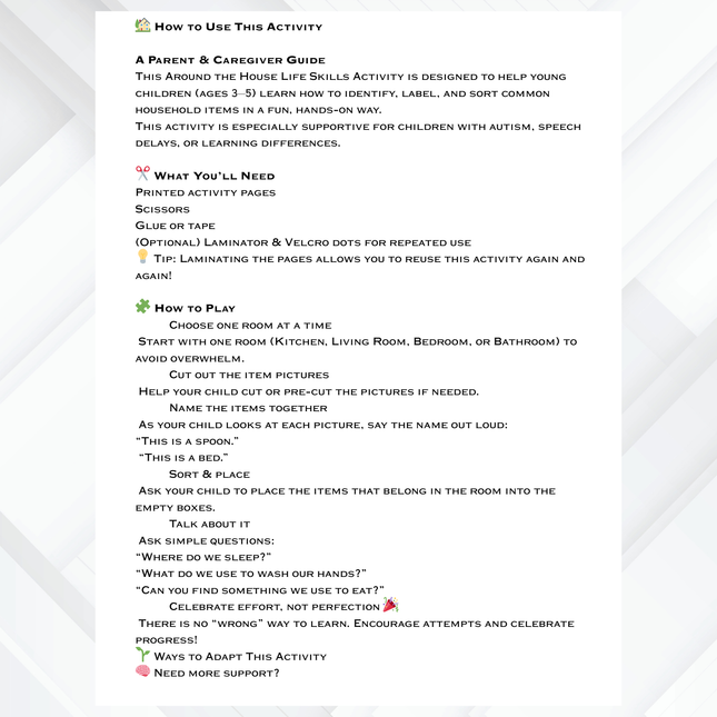 Autism Life Skills Activity – Around the House Cut & Paste Printable (Ages 3–5)