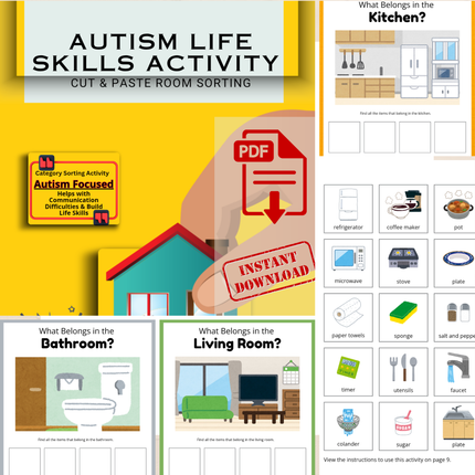 Autism Life Skills Activity – Around the House Cut & Paste Printable (Ages 3–5)