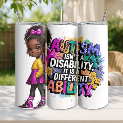Autism Awareness Tumbler: African American Kid Art, Stainless Steel 20 oz