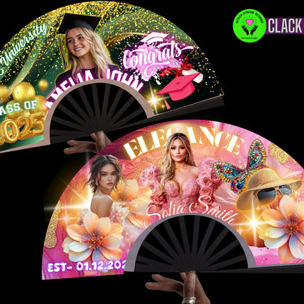 Custom Clack Fan 25x13 – Personalized Folding Fan with Photo or Logo, Party Favor, Birthday, Wedding, Festival, Sports, Line Dance Gift