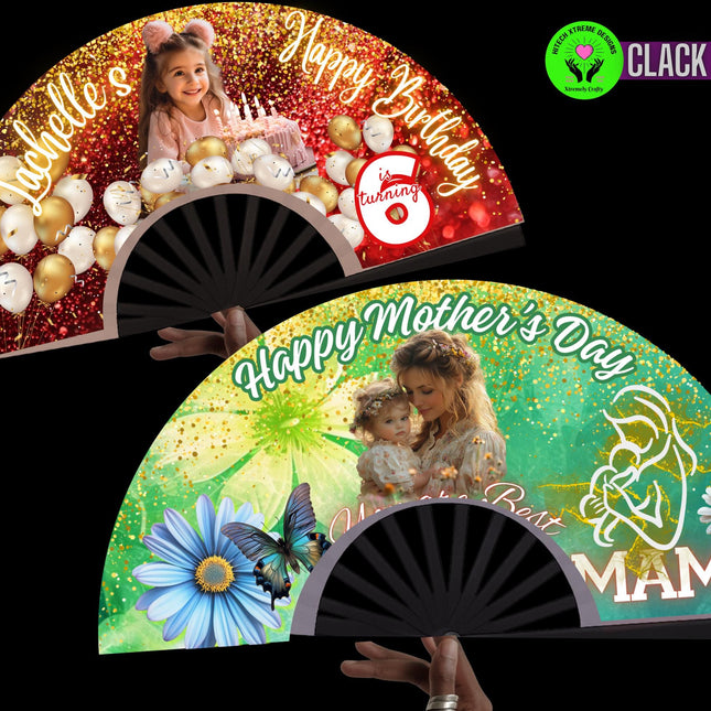 Custom Clack Fan 25x13 – Personalized Folding Fan with Photo or Logo, Party Favor, Birthday, Wedding, Festival, Sports, Line Dance Gift