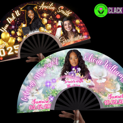 Custom Clack Fan 25x13 – Personalized Folding Fan with Photo or Logo, Party Favor, Birthday, Wedding, Festival, Sports, Line Dance Gift