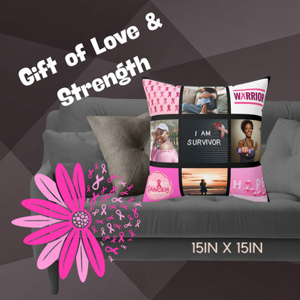 Breast Cancer Awareness Photo Pillow: Custom Pink Ribbon Memorial Gift (15x15)