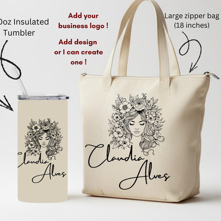 Personalized Tumbler Tote Bag gift set, matching set tumbler and tote, zipper tote great for custom gift, 20oz Tumbler and 18inch tote