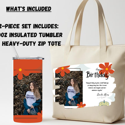 Personalized Tumbler Tote Bag gift set, matching set tumbler and tote, zipper tote great for custom gift, 20oz Tumbler and 18inch tote