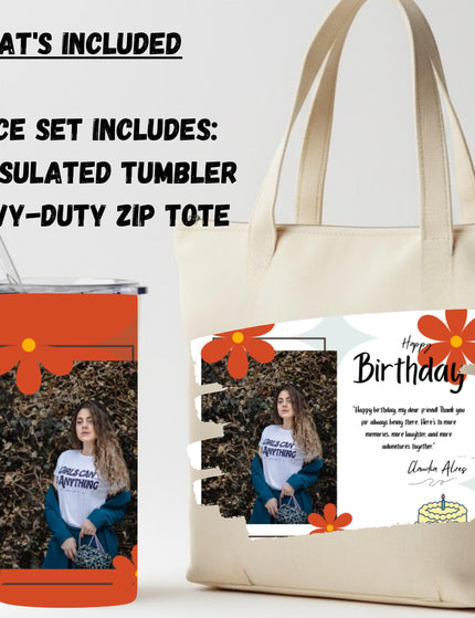 Personalized Tumbler Tote Bag gift set, matching set tumbler and tote, zipper tote great for custom gift, 20oz Tumbler and 18inch tote