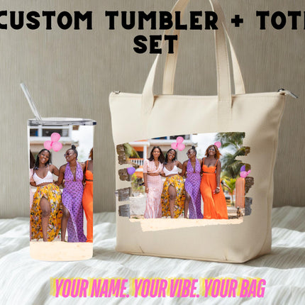 Personalized Tumbler Tote Bag gift set, matching set tumbler and tote, zipper tote great for custom gift, 20oz Tumbler and 18inch tote