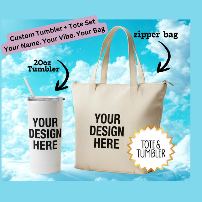 Personalized Tumbler Tote Bag gift set, matching set tumbler and tote, zipper tote great for custom gift, 20oz Tumbler and 18inch tote