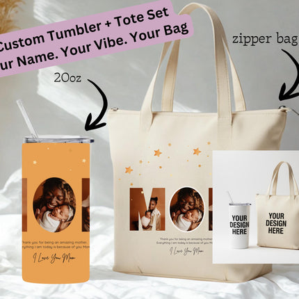 Personalized Tumbler Tote Bag gift set, matching set tumbler and tote, zipper tote great for custom gift, 20oz Tumbler and 18inch tote