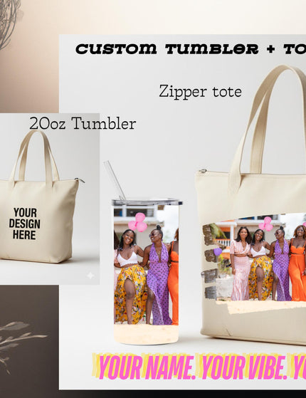 Personalized Tumbler Tote Bag gift set, matching set tumbler and tote, zipper tote great for custom gift, 20oz Tumbler and 18inch tote