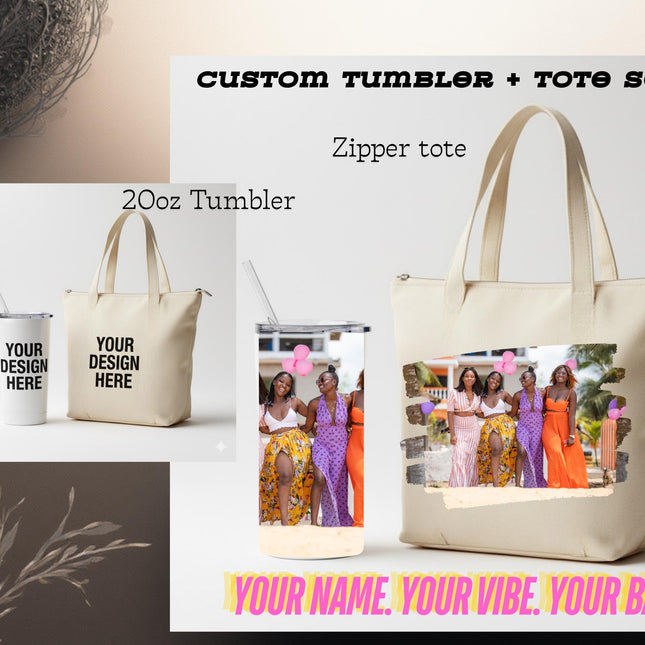 Personalized Tumbler Tote Bag gift set, matching set tumbler and tote, zipper tote great for custom gift, 20oz Tumbler and 18inch tote