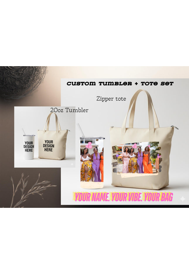Personalized Tumbler Tote Bag gift set, matching set tumbler and tote, zipper tote great for custom gift, 20oz Tumbler and 18inch tote