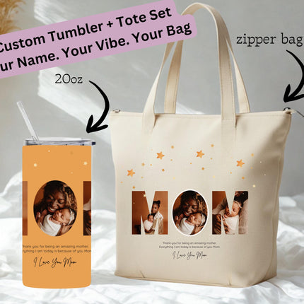 Personalized Tumbler Tote Bag gift set, matching set tumbler and tote, zipper tote great for custom gift, 20oz Tumbler and 18inch tote