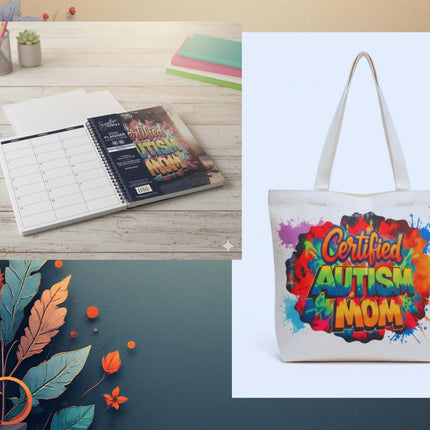 Autism mom gift box ; clack fan canvas Tote Bag & Planner Set –Zippered 18.5x15 Tote, mommy Bag, travel kit, Birthday Gift, 2026 planner
