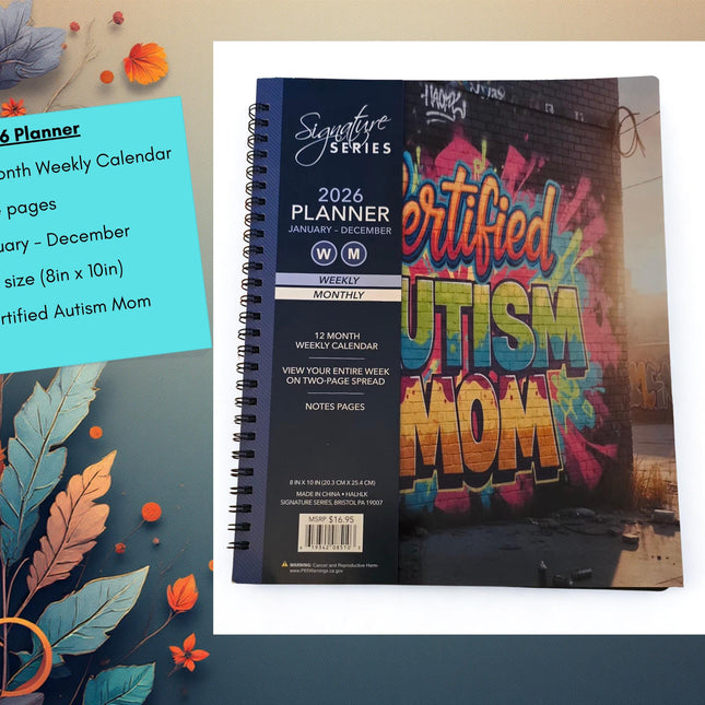 Autism mom canvas Tote Bag & Planner Set – Extra large Zippered 18.5x15 Tote, mommy Bag, travel kit, Birthday Gift, 2026 planner
