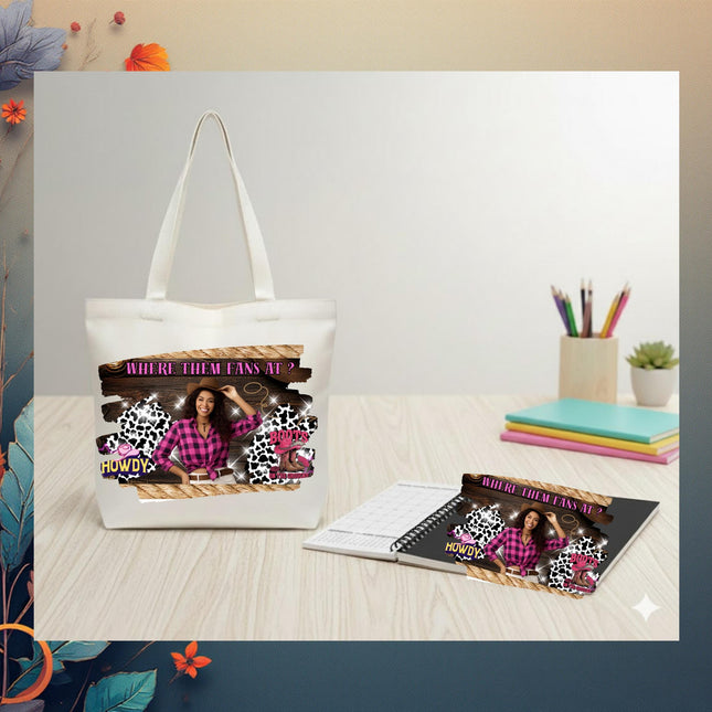 Custom canvas Tote Bag & Planner Set – Extra large Zippered 18.5x15 Tote, mommy Bag, travel kit, Birthday Gift, 2026 planner -where fans at?