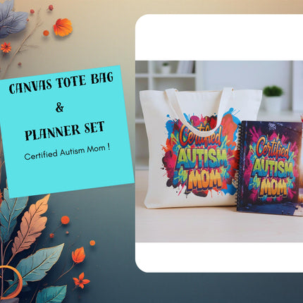 Autism mom gift box ; clack fan canvas Tote Bag & Planner Set –Zippered 18.5x15 Tote, mommy Bag, travel kit, Birthday Gift, 2026 planner