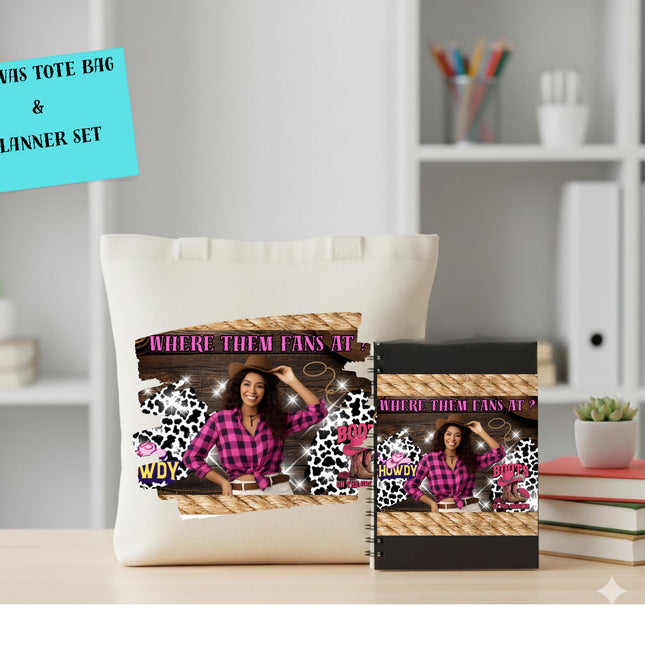 Custom canvas Tote Bag & Planner Set – Extra large Zippered 18.5x15 Tote, mommy Bag, travel kit, Birthday Gift, 2026 planner -where fans at?