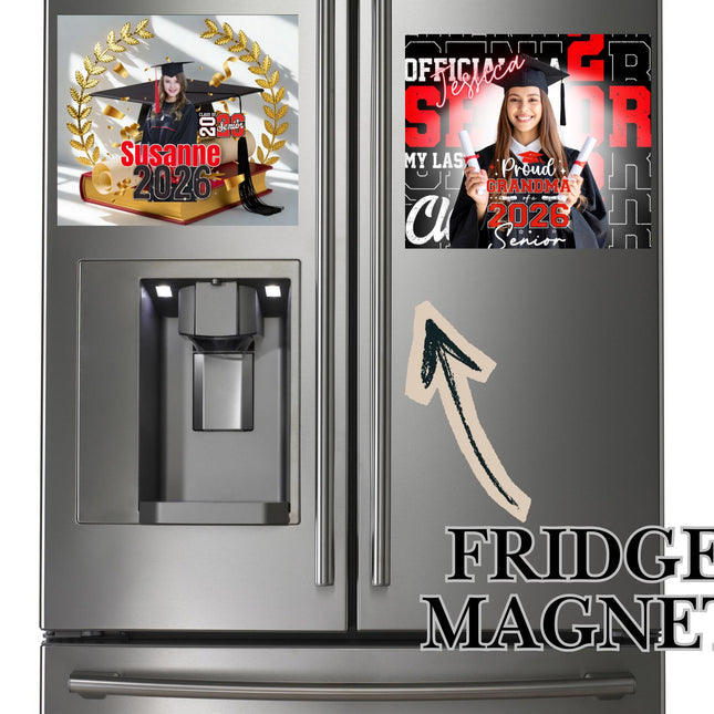 May include: Fridge magnet featuring two graduation-themed designs. One magnet displays a graduate's photo with the name "Susanne" and the year "2026". The other magnet shows a graduate holding diplomas with the text "Official Senior 2026".