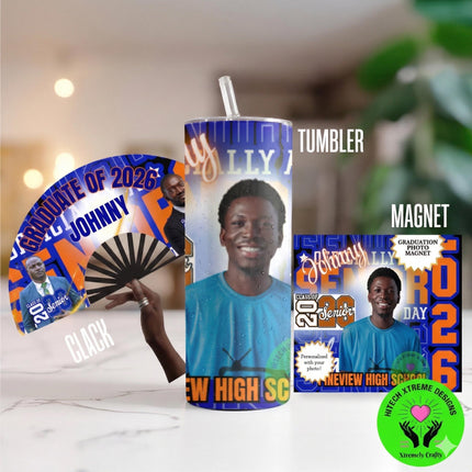 Graduation Photo Bundle | Personalized Graduation Gift | Custom Clack Fan Magnet Tumbler Set | Class of 2026 Senior Gift | Graduation Party