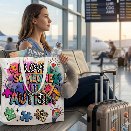 Autism Awareness Tote Bag, I Love Someone With Autism Bag, Zipper Tote Bag, Autism Mom Gift, Teacher Gift, Neurodiversity Bag, April Autism