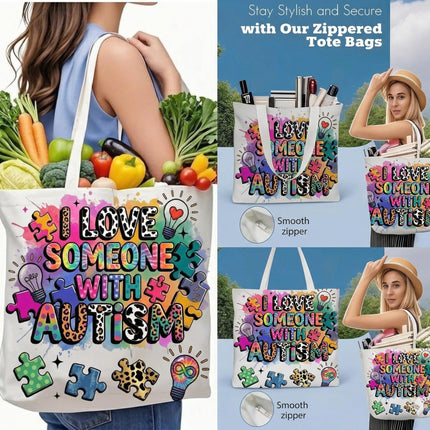 Autism Awareness Tote Bag, I Love Someone With Autism Bag, Zipper Tote Bag, Autism Mom Gift, Teacher Gift, Neurodiversity Bag, April Autism