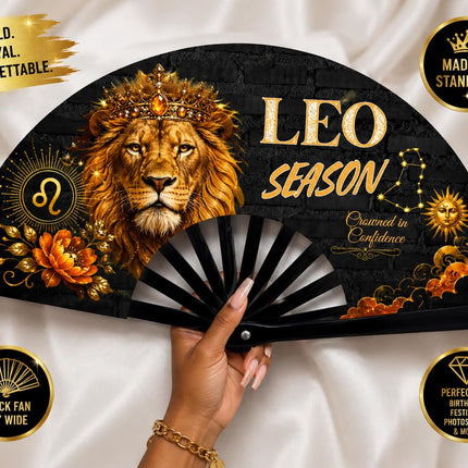 Leo Season Clack Fan, Custom Zodiac Fan, Leo Birthday Fan, Astrology Gift, Crowned in Confidence Fan, Festival Fan, - Predesigned