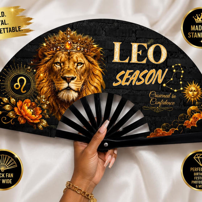 Leo Season Clack Fan, Custom Zodiac Fan, Leo Birthday Fan, Astrology Gift, Crowned in Confidence Fan, Festival Fan, - Predesigned