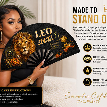 Leo Season Clack Fan, Custom Zodiac Fan, Leo Birthday Fan, Astrology Gift, Crowned in Confidence Fan, Festival Fan, - Predesigned