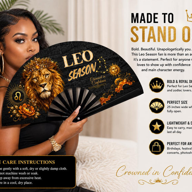 Leo Season Clack Fan, Custom Zodiac Fan, Leo Birthday Fan, Astrology Gift, Crowned in Confidence Fan, Festival Fan, - Predesigned