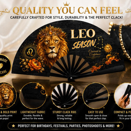 Leo Season Clack Fan, Custom Zodiac Fan, Leo Birthday Fan, Astrology Gift, Crowned in Confidence Fan, Festival Fan, - Predesigned