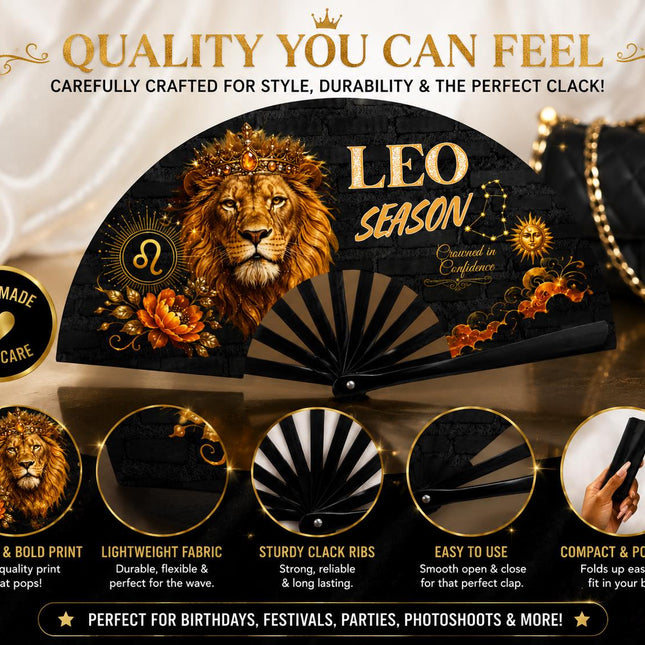 Leo Season Clack Fan, Custom Zodiac Fan, Leo Birthday Fan, Astrology Gift, Crowned in Confidence Fan, Festival Fan, - Predesigned