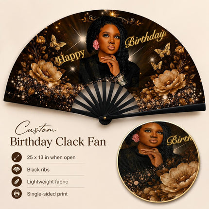 Custom Birthday Clack Fan With Photo, Personalized Birthday Fan, Add Your Photo Party Fan, Black Gold Floral Hand Fan, Birthday Gift for Her