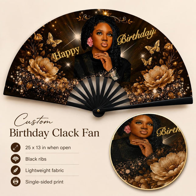 Custom Birthday Clack Fan With Photo, Personalized Birthday Fan, Add Your Photo Party Fan, Black Gold Floral Hand Fan, Birthday Gift for Her