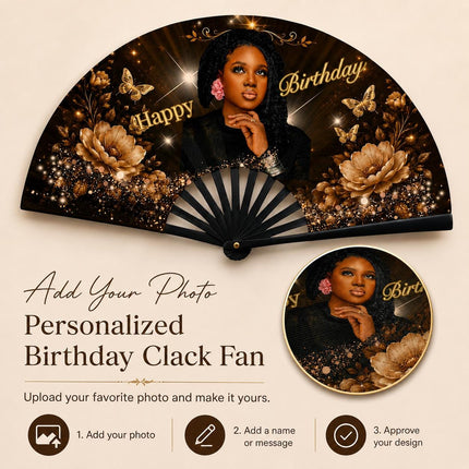 Custom Birthday Clack Fan With Photo, Personalized Birthday Fan, Add Your Photo Party Fan, Black Gold Floral Hand Fan, Birthday Gift for Her