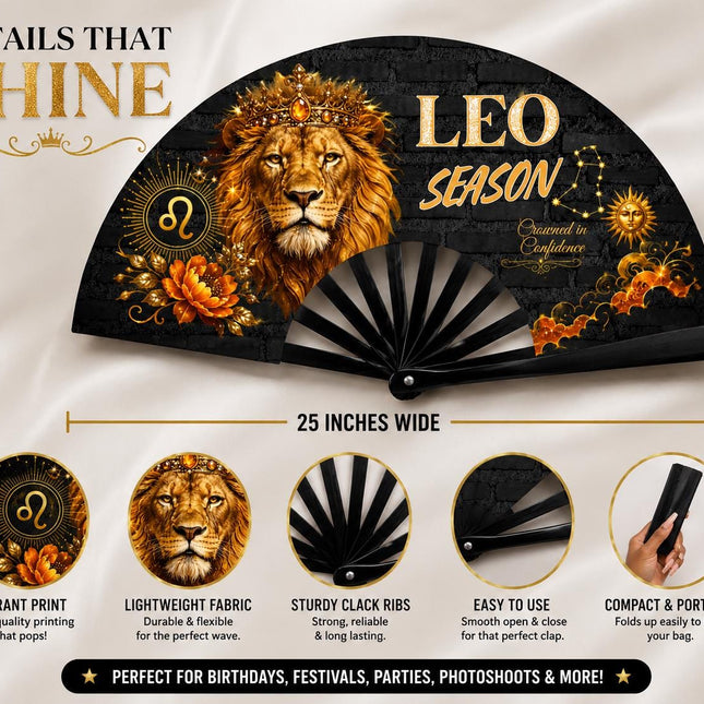 Leo Season Clack Fan, Custom Zodiac Fan, Leo Birthday Fan, Astrology Gift, Crowned in Confidence Fan, Festival Fan, - Predesigned