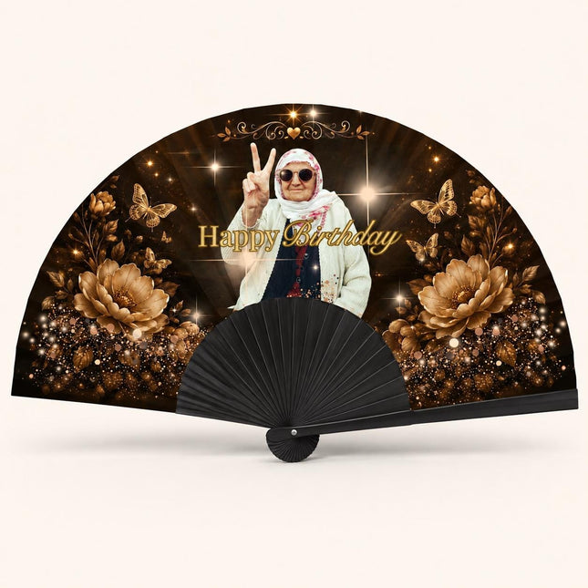 Custom Birthday Clack Fan With Photo, Personalized Birthday Fan, Add Your Photo Party Fan, Black Gold Floral Hand Fan, Birthday Gift for Her