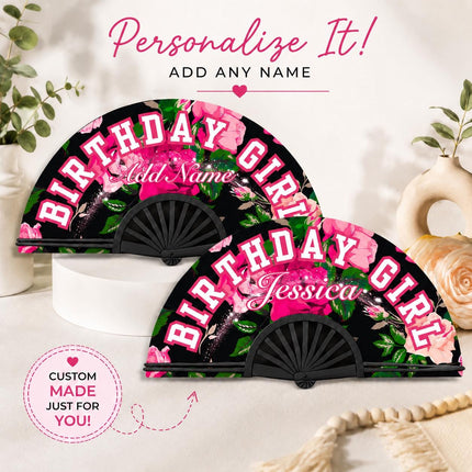 Personalized Birthday Girl Clack Fan, Custom Birthday Fan, Pink Floral Birthday Fan, Birthday Party Fan, Add Any Name, Birthday Queen Gift