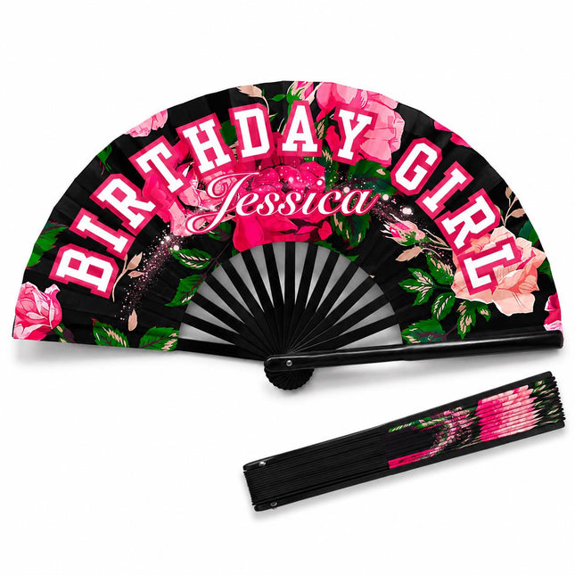 Personalized Birthday Girl Clack Fan, Custom Birthday Fan, Pink Floral Birthday Fan, Birthday Party Fan, Add Any Name, Birthday Queen Gift