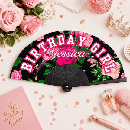 Personalized Birthday Girl Clack Fan, Custom Birthday Fan, Pink Floral Birthday Fan, Birthday Party Fan, Add Any Name, Birthday Queen Gift