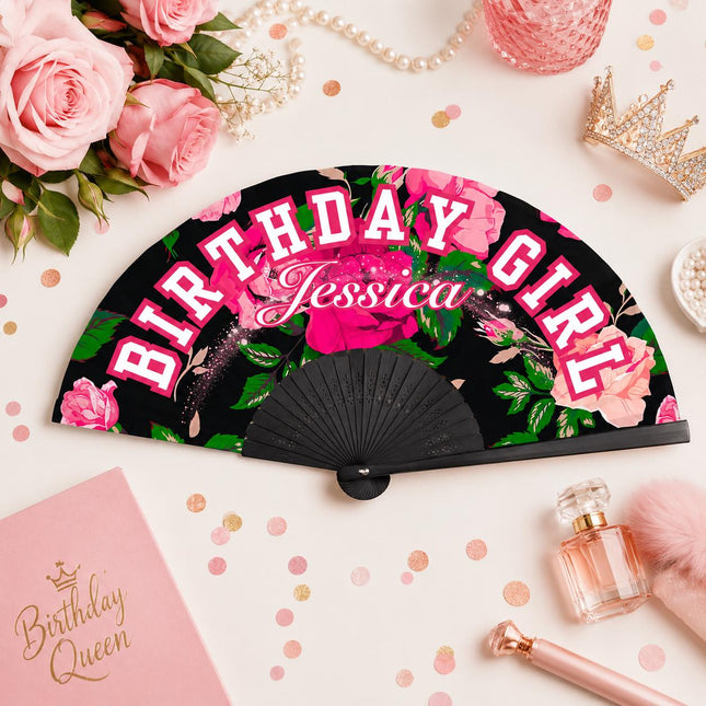 Personalized Birthday Girl Clack Fan, Custom Birthday Fan, Pink Floral Birthday Fan, Birthday Party Fan, Add Any Name, Birthday Queen Gift