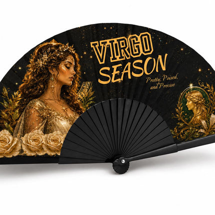Virgo Season Clack Fan, Virgo Birthday Fan, Zodiac Folding Fan, Astrology Gift, Black Gold Clack Fan, Pretty Poised Precise Fan