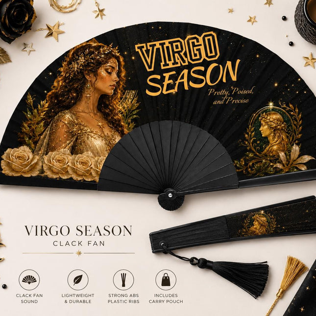 Virgo Season Clack Fan, Virgo Birthday Fan, Zodiac Folding Fan, Astrology Gift, Black Gold Clack Fan, Pretty Poised Precise Fan