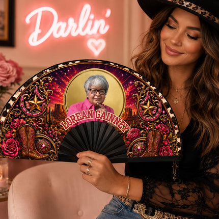 Custom Western Photo Clack Fan, Cow Print Folding Fan, Hot Pink Cowgirl Fan, Personalized Birthday Fan, Black ABS Plastic Ribs