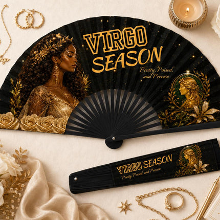 Virgo Season Clack Fan, Virgo Birthday Fan, Zodiac Folding Fan, Astrology Gift, Black Gold Clack Fan, Pretty Poised Precise Fan