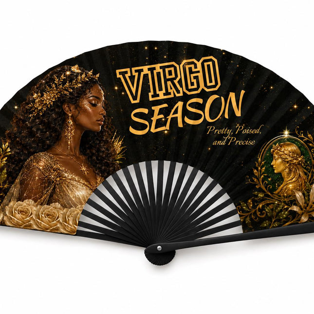 Virgo Season Clack Fan, Virgo Birthday Fan, Zodiac Folding Fan, Astrology Gift, Black Gold Clack Fan, Pretty Poised Precise Fan