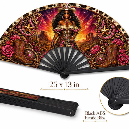 Western Clack Fan, Western Theme Print Folding Fan, Hot Pink Cowgirl Fan, Personalized Birthday Fan, Black ABS Plastic Ribs