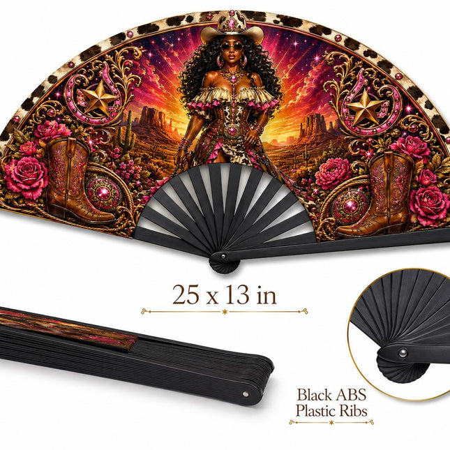 Western Clack Fan, Western Theme Print Folding Fan, Hot Pink Cowgirl Fan, Personalized Birthday Fan, Black ABS Plastic Ribs