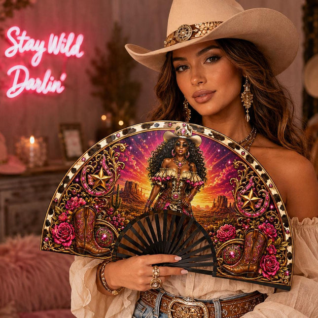 Western Clack Fan, Western Theme Print Folding Fan, Hot Pink Cowgirl Fan, Personalized Birthday Fan, Black ABS Plastic Ribs